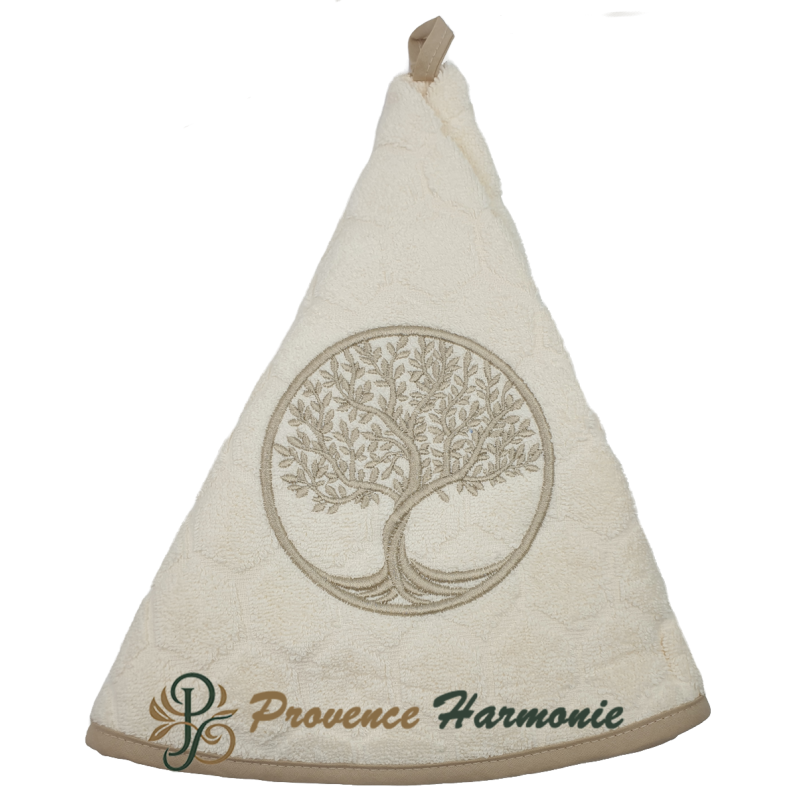 Asciugamano tondo écru in spugna ricamato con Albero della Vita Asciugamano tondo écru in spugna ricamato con Albero della Vita