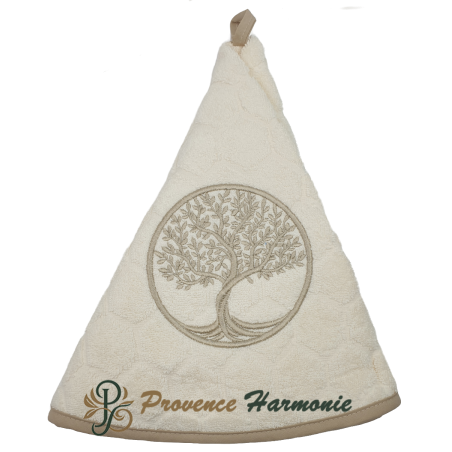 Asciugamano tondo écru in spugna ricamato con Albero della Vita