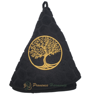 SERVIETTE ÉPONGE RONDE NOIR BRODÉE ARBRE DE VIE TISSAGE JACQUARD