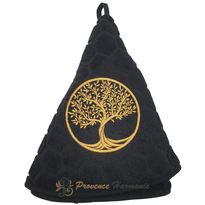 Toalla redonda de rizo negra bordada con Árbol de la Vida Toalla redonda de rizo negra bordada con Árbol de la Vida