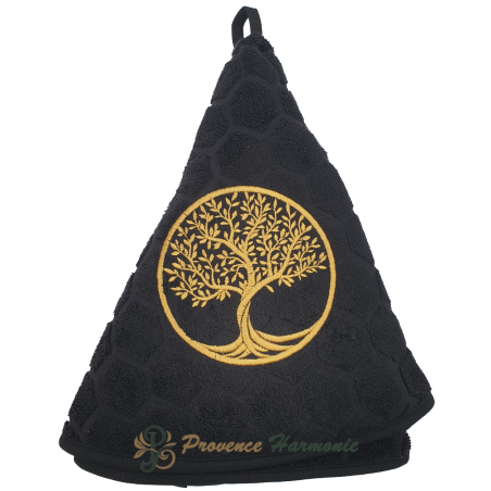 Serviette éponge ronde noire brodée Arbre de Vie