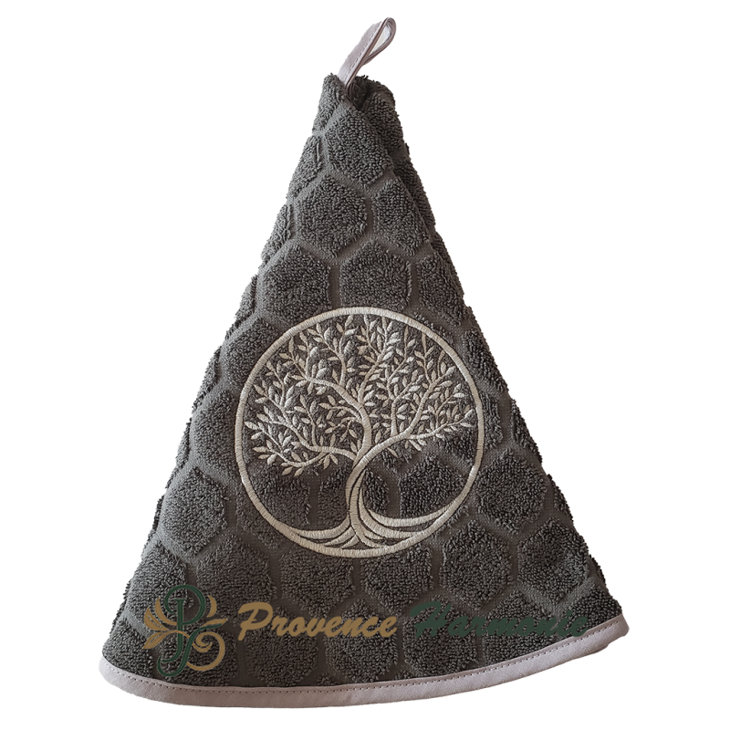 Round quartz terry towel embroidered with Tree of Life