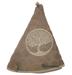 Asciugamano tondo taupe in spugna ricamato con Albero della Vita