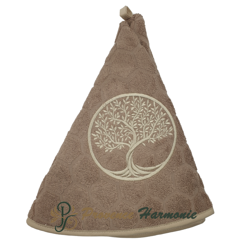 Round taupe terry towel embroidered with Tree of Life