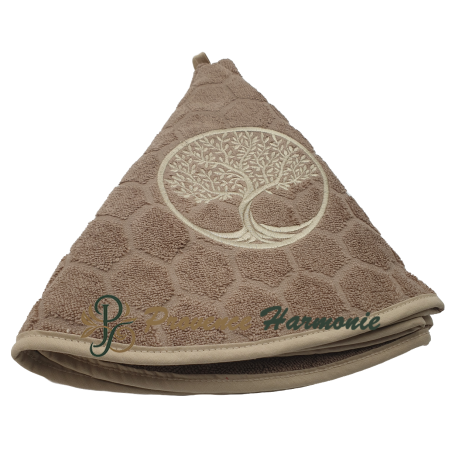 Serviette éponge ronde taupe brodée Arbre de Vie