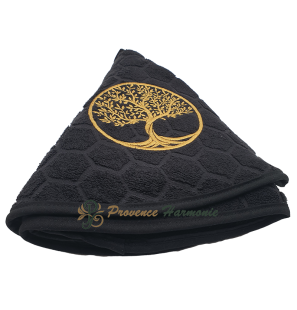 SERVIETTE ÉPONGE RONDE NOIR BRODÉE ARBRE DE VIE TISSAGE JACQUARD