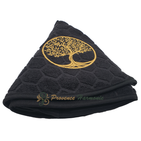 Serviette éponge ronde noire brodée Arbre de Vie