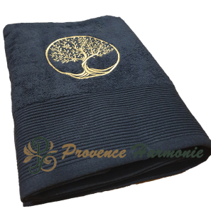 Black Bath Towel with Embroidered Tree of Life
