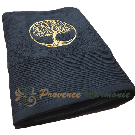 BLACK BATH TOWEL EMBROIDERED TREE OF LIFE