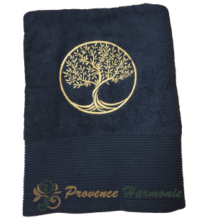 BLACK BATH TOWEL EMBROIDERED TREE OF LIFE