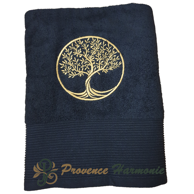 BLACK BATH TOWEL EMBROIDERED TREE OF LIFE