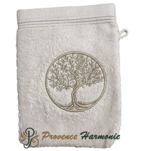 Manopla de baño beige Bordado Árbol de la Vida
