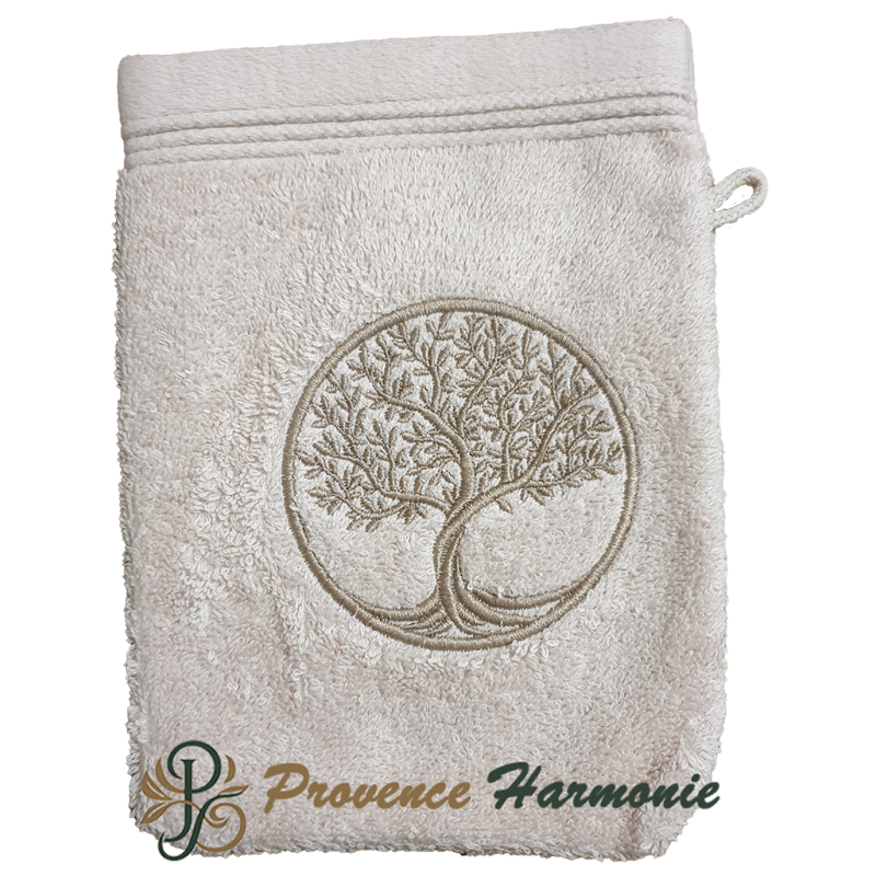 Manopla de baño beige Bordado Árbol de la Vida Manopla de baño beige Bordado Árbol de la Vida