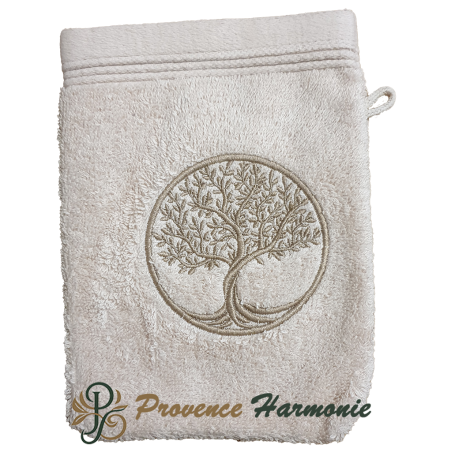 Beige Wash Mitt Embroidered Tree of Life
