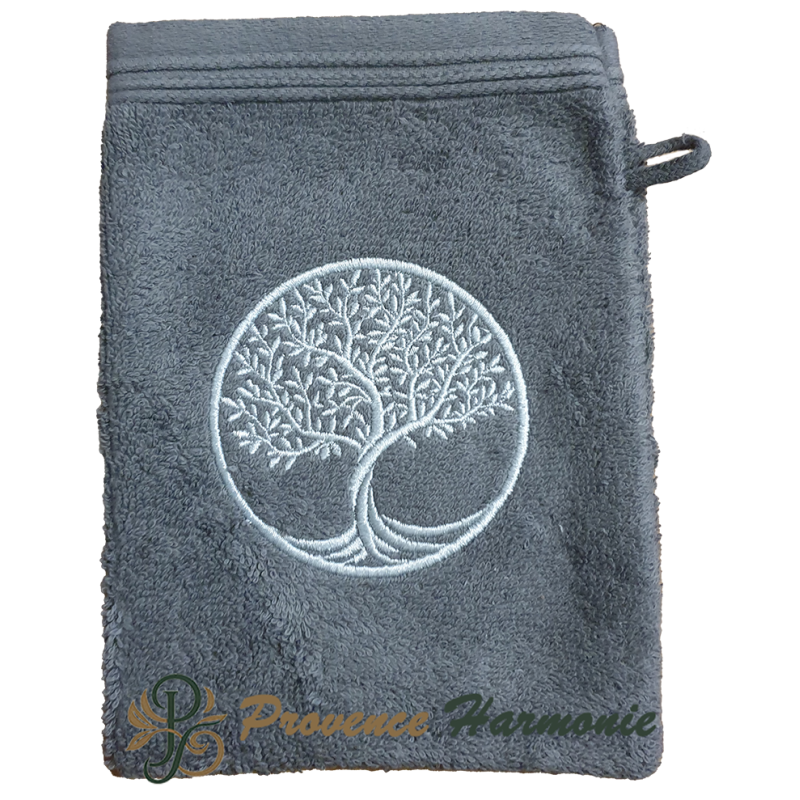 Quartz wash mitt embroidered with Tree of Life Quartz wash mitt embroidered with Tree of Life