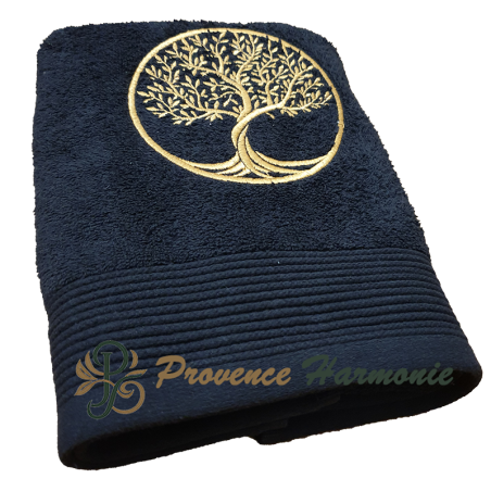 BLACK TOILET TOWEL EMBROIDERED TREE OF LIFE