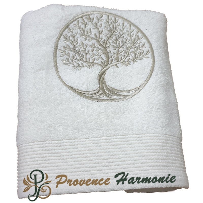Ecru bath towel embroidered with Tree of Life