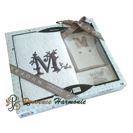 Cofanetto Regalo Personalizzato Iniziale M, Asciugamano Ospiti, Porta Sapone, Sapone