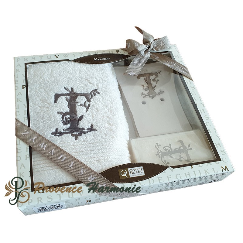 Cofanetto Regalo Personalizzato Iniziale T, Asciugamano Ospiti, Porta Sapone, Sapone Cofanetto Regalo Personalizzato Iniziale T, Asciugamano Ospiti, Porta Sapone, Sapone