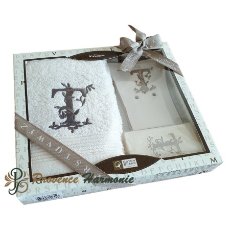 Cofanetto Regalo Personalizzato Iniziale T, Asciugamano Ospiti, Porta Sapone, Sapone