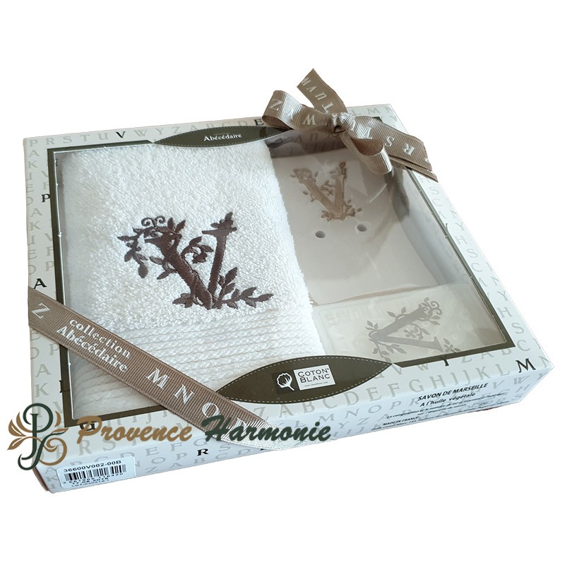 Cofanetto Regalo Personalizzato Iniziale V, Asciugamano Ospiti, Porta Sapone, Sapone