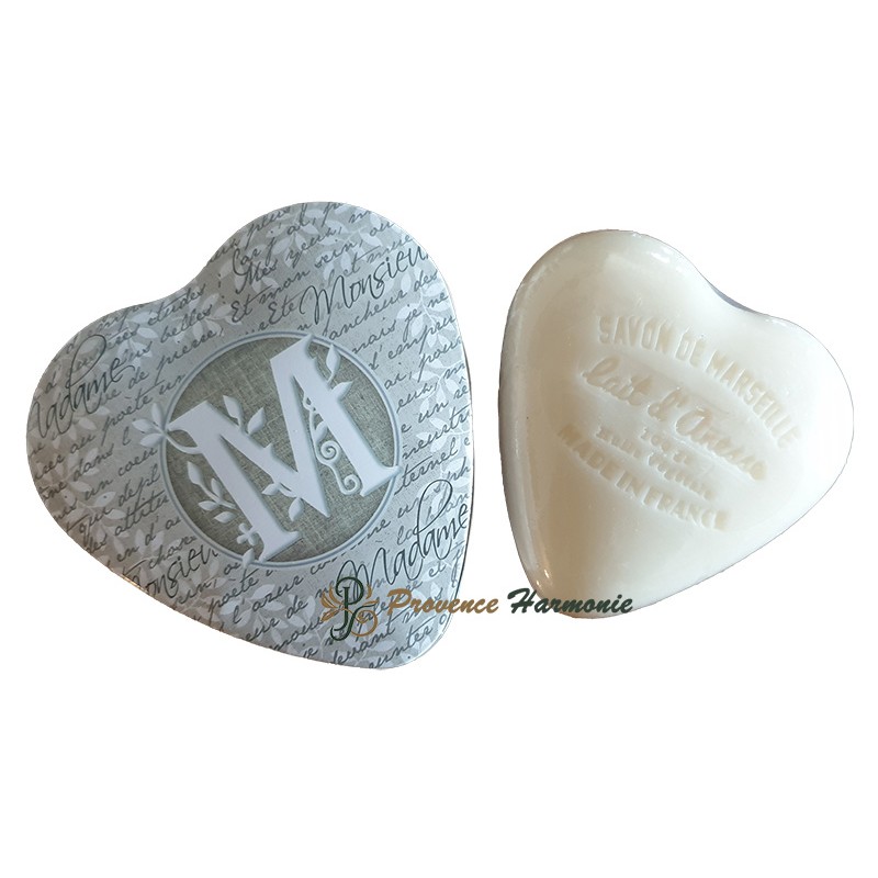 Heart-shaped box with letter M and donkey milk soap