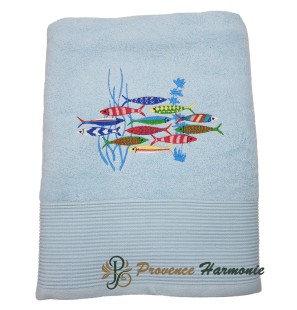 DRAP DE BAIN BLEU CIEL BRODÉ DANSE DES SARDINES