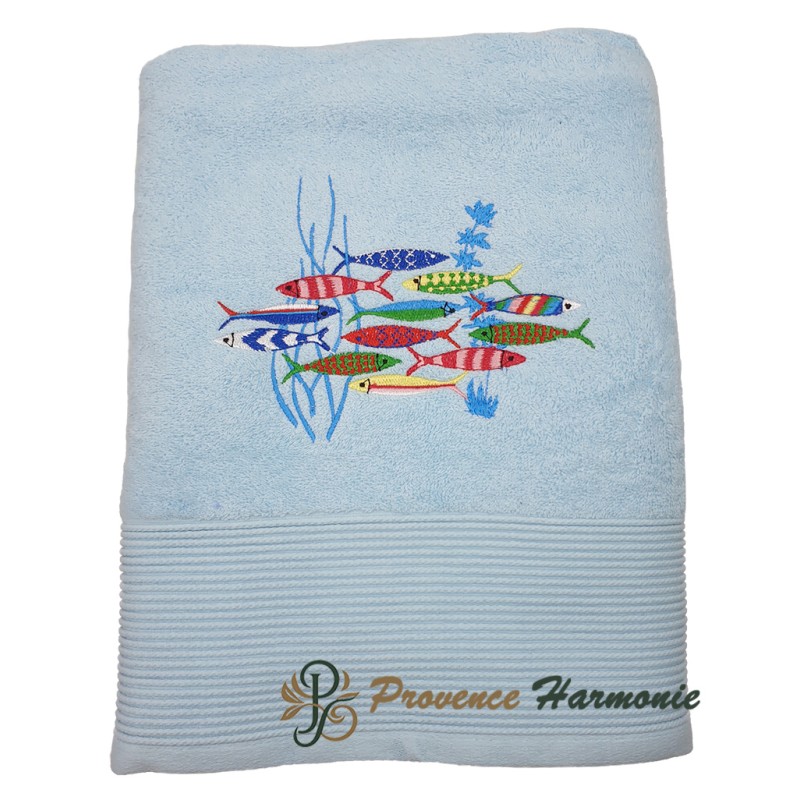 DRAP DE BAIN BLEU CIEL BRODÉ DANSE DES SARDINES