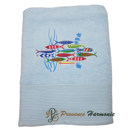 SKY BLUE BATH TOWEL EMBROIDERED DANCE OF SARDINES