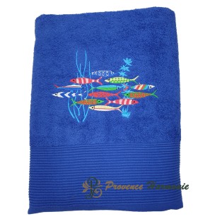 DRAP DE BAIN BLEU ROI BRODÉ DANSE DES SARDINES