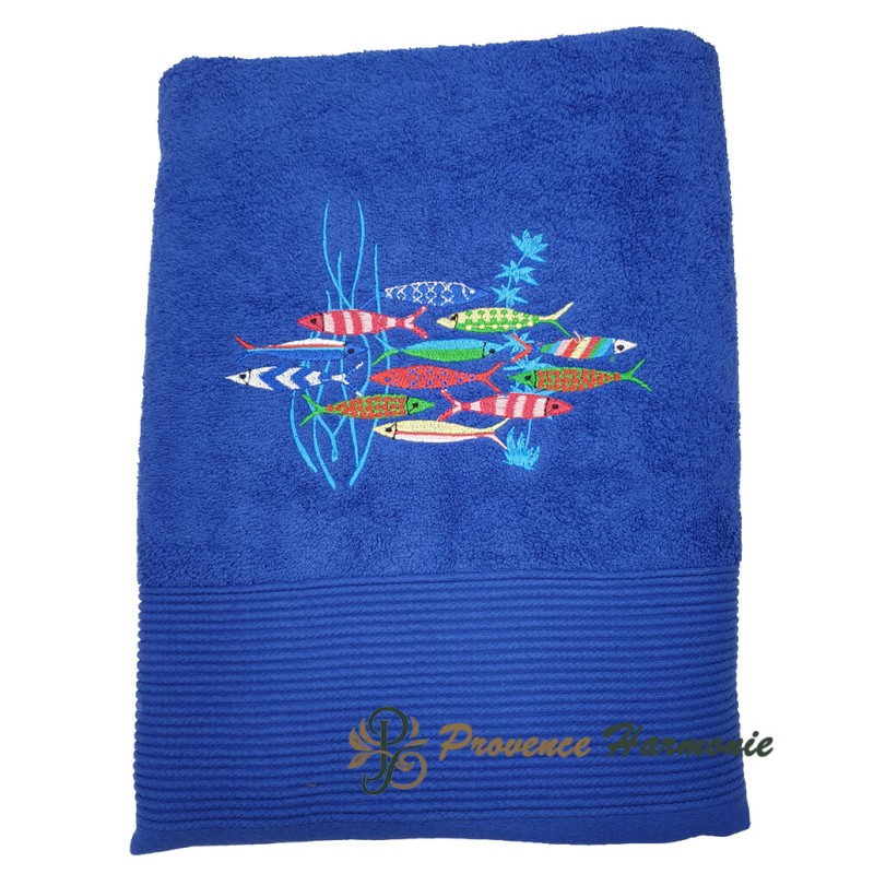 DRAP DE BAIN BLEU ROI BRODÉ DANSE DES SARDINES