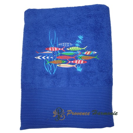 ROYAL BLUE BATH TOWEL EMBROIDERED DANCE OF SARDINES