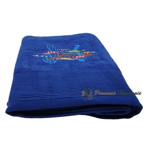 ROYAL BLUE BATH TOWEL EMBROIDERED DANCE OF SARDINES