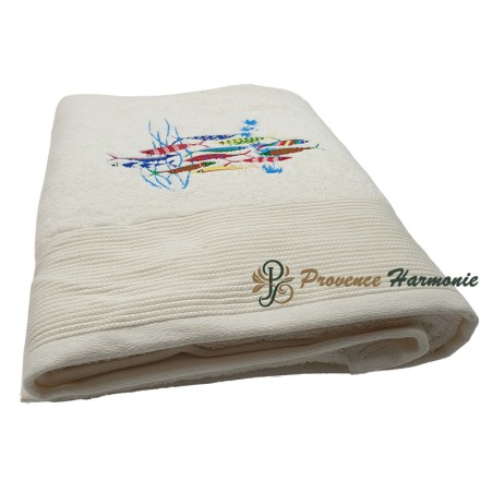 ECRU BATH TOWEL EMBROIDERED DANCE OF SARDINES