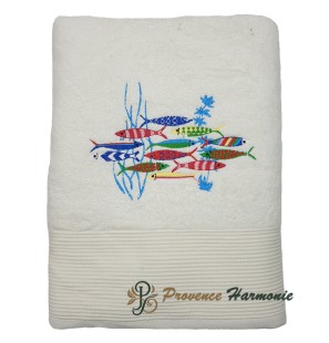 ECRU BATH TOWEL EMBROIDERED DANCE OF SARDINES