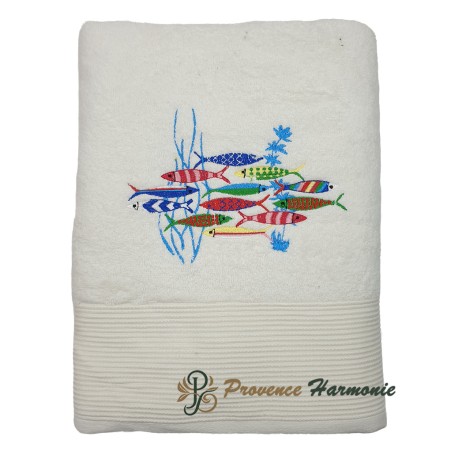 ECRU BATH TOWEL EMBROIDERED DANCE OF SARDINES