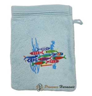 Manopla de Baño Azul Cielo Bordado Danza de las Sardinas