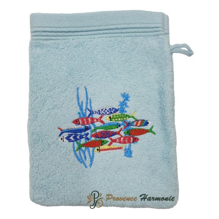 Guanto da Toilette Azzurro Ricamato Danza delle Sardine