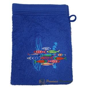 Gant de Toilette Bleu Roi Brodé Danse des Sardines