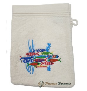 ECRU TOILET GLOVE EMBROIDERED DANCE OF SARDINES