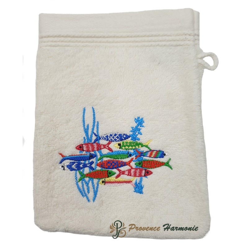 Gant de Toilette Écru Brodé Danse des Sardines Gant de Toilette Écru Brodé Danse des Sardines