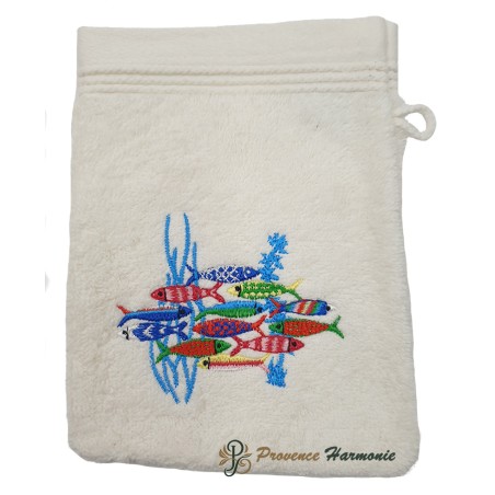 Manopla de Baño Color Crudo Bordado Danza de las Sardinas