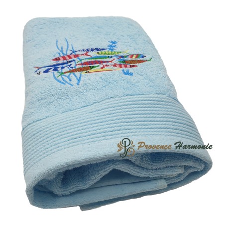 Toalla de Baño Azul Cielo Bordado Danza de las Sardinas
