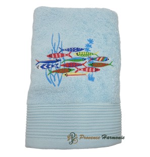 SERVIETTE DE TOILETTE BLEU CIEL BRODÉE DANSE DES SARDINES