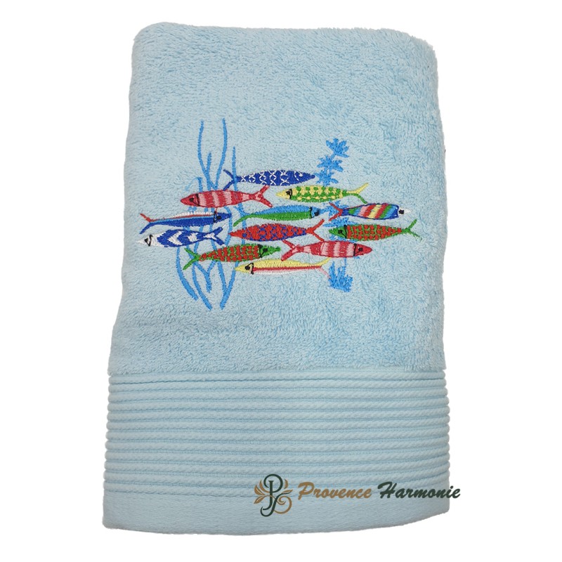 Asciugamano da Bagno Azzurro Ricamato Danza delle Sardine Asciugamano da Bagno Azzurro Ricamato Danza delle Sardine