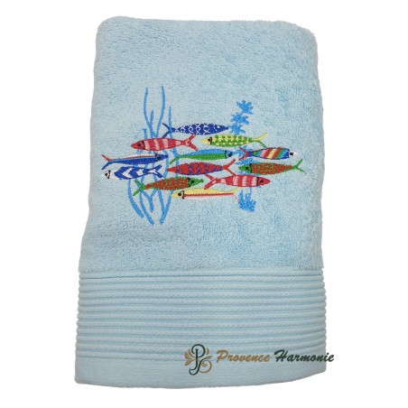 Asciugamano da Bagno Azzurro Ricamato Danza delle Sardine