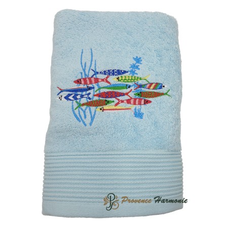 SERVIETTE DE TOILETTE BLEU CIEL BRODÉE DANSE DES SARDINES