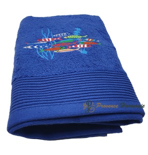 Royal Blue Bath Towel Embroidered Sardine Dance