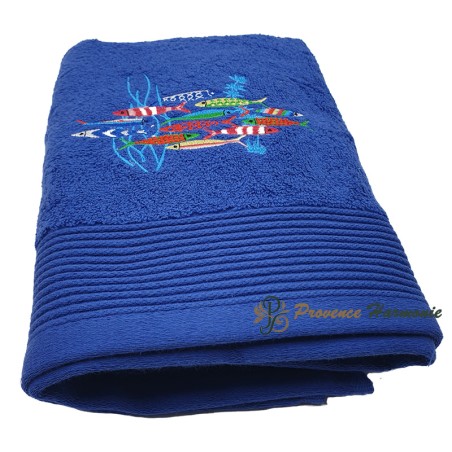 Royal Blue Bath Towel Embroidered Sardine Dance