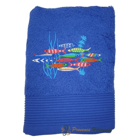 SERVIETTE DE TOILETTE BLEU ROI BRODÉE DANSE DES SARDINES